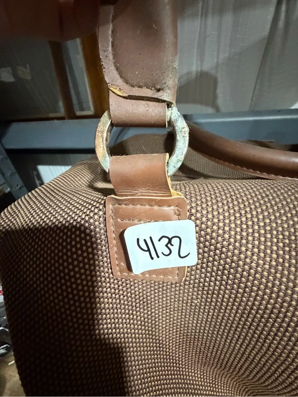 #4132-London Fog Brown Textured Tote with Leather Trim